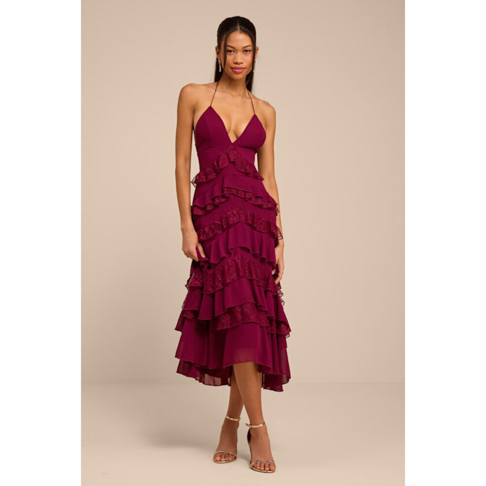 Lulus Melena Burgundy Ruffled Lace Midi Dress Red - Size S